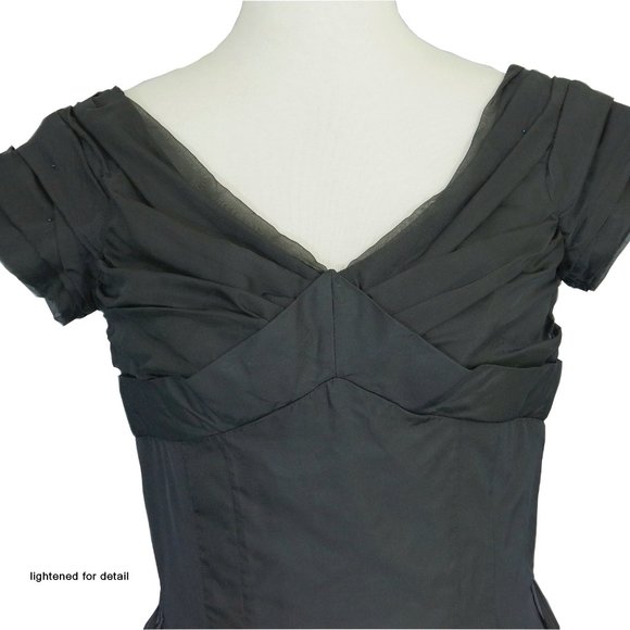 VTG 50s Nathan Strong Black Cocktail Dress, Bombshell Shelf Bust, Flyaway Panel - Picture 2 of 8